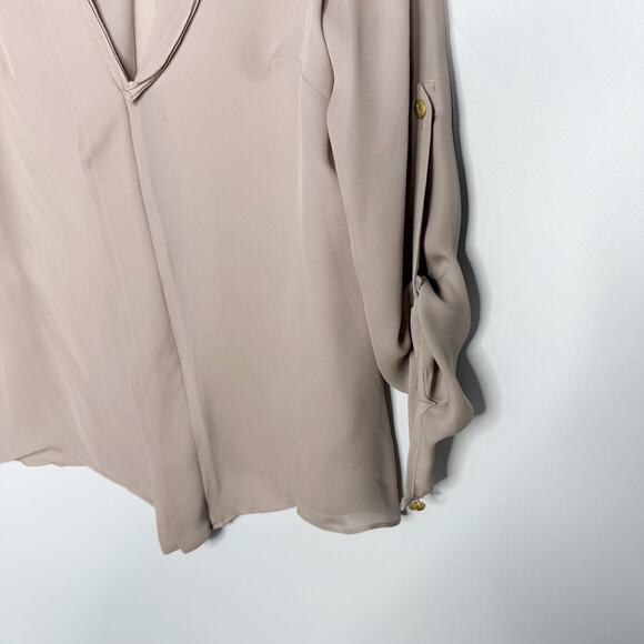 Parker XSmall XS Light Brown Beige Silk Split V Neck Blouse Roll Tab Sleeves - Picture 6 of 11